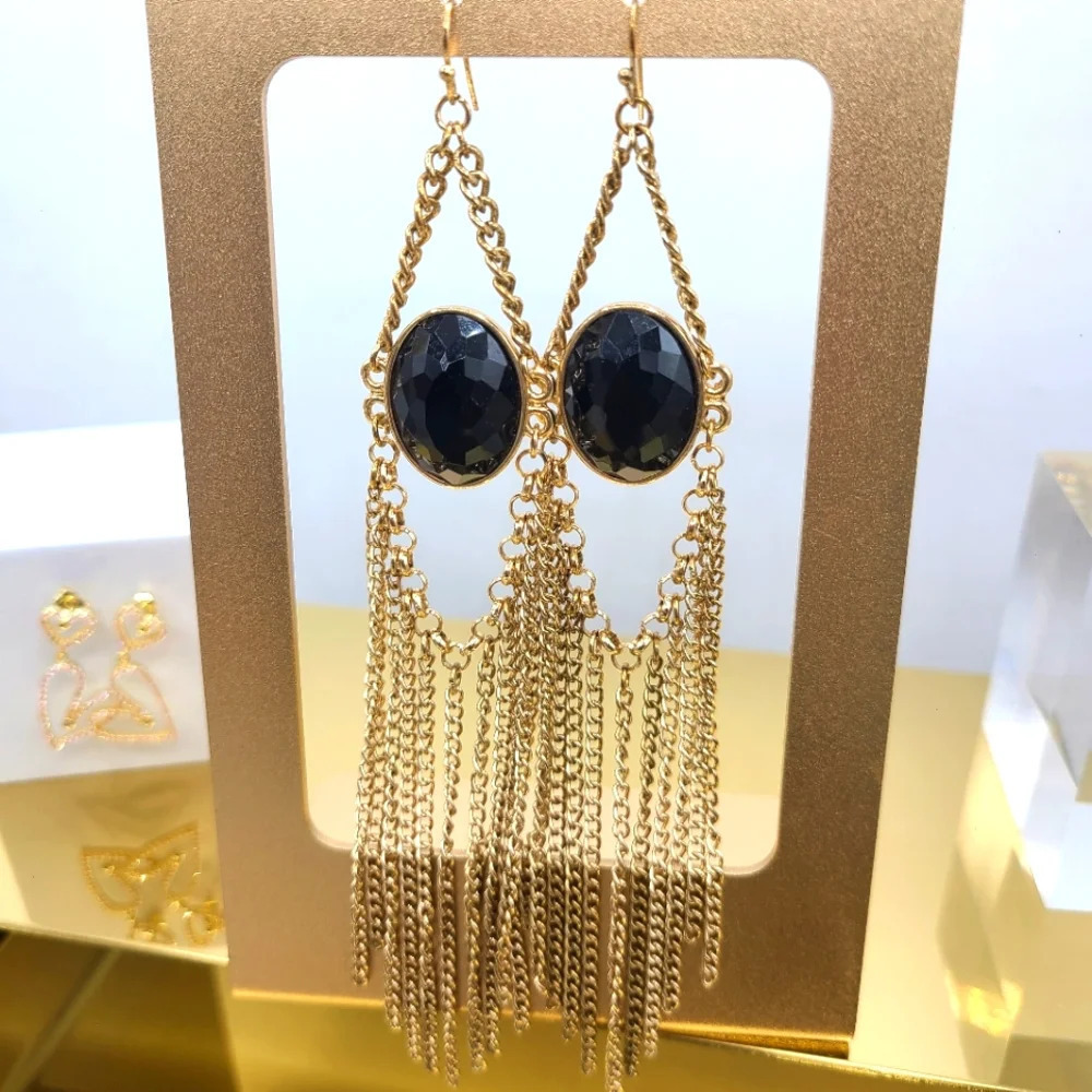 SALE! Goldtone Fringe Earrings • Black Center Bead • Pierced • Hangars